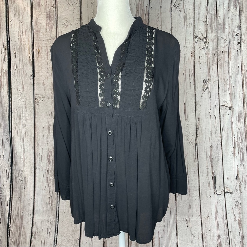 Ethyl Size Small Black Babydoll Top Lacy Button Front Long Sleeves Lightweight